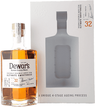 Bottle of Dewar's Double Double 32 Years near its box
