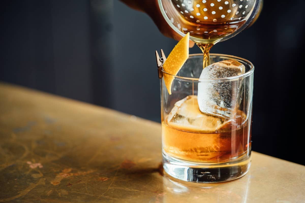 Example of the cocktail Scotch on the rocks with a twist